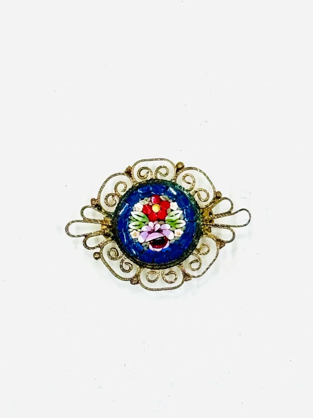 Vintage Floral Micro Mosaic Brooch with Antiqued Gold Tone Filagree Frame Italy